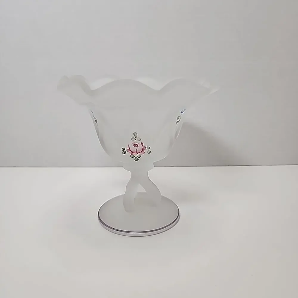 Vtg Westmoreland Clear Satin Glass Hand Painted Tri-Stem Compote Candy Dish 5